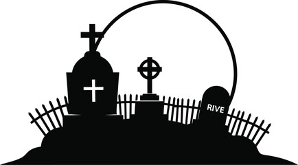 Silhouette of a church and cemetery at dusk with a large arch