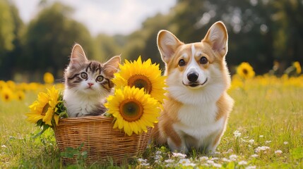 Cute cat and dog in a sunflower field