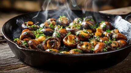 Crispy fried mushrooms with fresh herbs in a black cast iron pan on a rustic wooden table