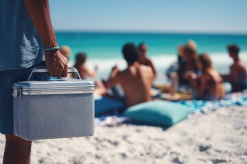 Cropped beach moment: man holding a portable cooler as friends relax on the sand