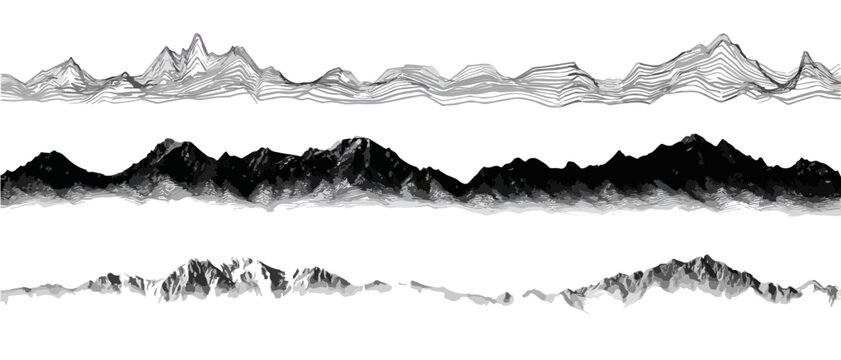 Three distinct hand-drawn mountain ranges, including intricate wireframe, bold silhouette, and detailed textured peaks, ideal for transparent graphic overlays.