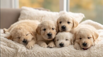 Cute litter of five golden retrievers in a cozy indoor setting
