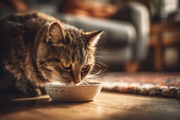 Cute house cat enjoying a meal from a bowl on the floor of a warm living space
