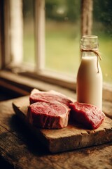 Dairy and meat presentation on a wooden tabletop with natural daylight