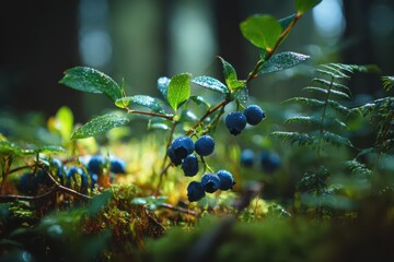 Dappled forest scene featuring bilberry berries on thin stems