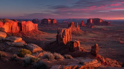 Dawn lighting a desert panorama: Hunts Mesa and towering rock formations in Monument Valley area