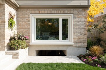 Daylight exterior shot of a basement bedroom egress window emphasizing accessibility and safety