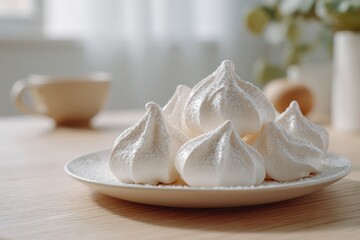 Delicate meringue confections on a simple plate with warm kitchen glow