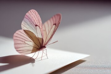 Delicate paper butterfly resting on a blank card in soft natural light