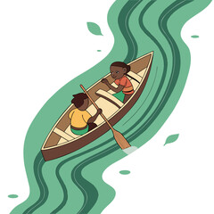 Of two people rowing canoe on green river water leaves
