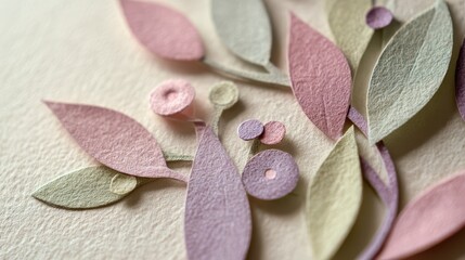 Delicate paper cutout flower vines arranged in pastel tones on a light background