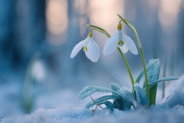 Delicate snowdrops peeking through frosty snow in a serene winter landscape