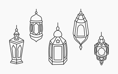Minimal Islamic lantern illustration in outline style. Clean hand drawn look with simple forms. Ideal for coloring worksheets children learning and Ramadan themed projects.
