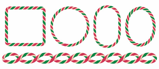 Candy cane border vector set, Christmas frames in square, circle, oval, striped lollipop pattern brushes, festive and cheerful holiday design illustrations.