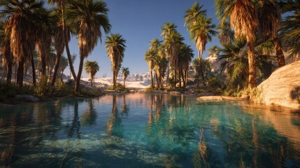 Obraz premium Desert oasis scene with tranquil turquoise water and tall date palms