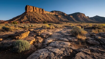Desert landscape featuring a red sandstone mesa base and distant horizons