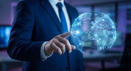 Businessman interacting with a holographic digital globe displaying global network connections and data flow in a modern office setting