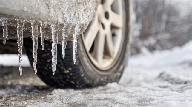 A close-up winter scene of sharp icicles hanging from a car's undercarriage above a snow-covered tire, illustrating hazardous frozen formations and extreme cold weather conditions