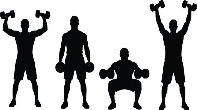 Fitness training silhouettes men lifting dumbbells strength workout exercises gym poses isolated on white background athletic power illustration set design collection