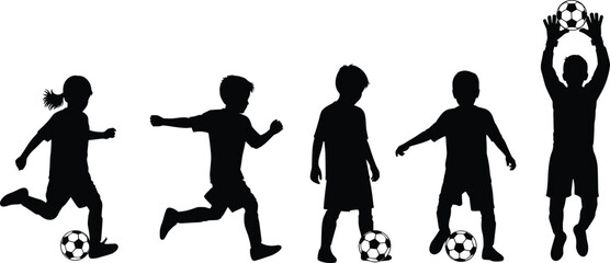 Children soccer silhouettes playing football action poses isolated on white background kids sports illustration training teamwork concept youth energy movement goalkeeping © Art_By_Shoriphul