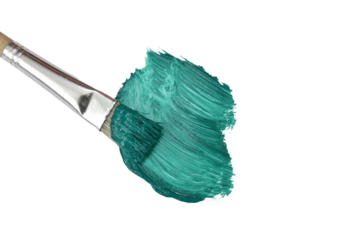 An artist's brush is left lying on a spot of green watercolor paint.