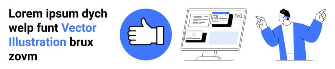 Obraz premium Social media, technology, user engagement, virtual collaboration, digital tools, communication. Thumb-up icon, computer with interface person gesturing. Social media and technology