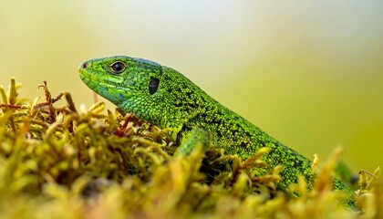 Fototapeta premium Vibrant Green Lizard Perched on Mossy Bed in Natural Habitat.