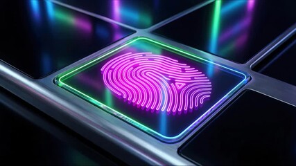 Close-up of a digital fingerprint scan, high-fashion style, electric colors, biometric security concept, modern and luxurious, glossy background. - Powered by Adobe