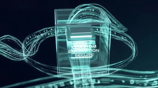 Futuristic visualization of quantum computer with swirling lines of encrypted data, shimmering and abstract, deep navy and teal palette, secure technology.