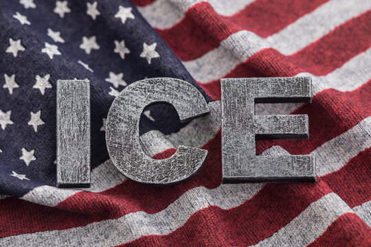 ICE Immigration and Customs Enforcement sign on American flag