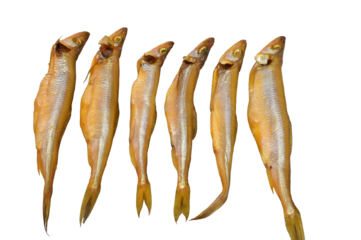 The image shows cold-smoked smelt. This fish delicacy is prized for its tender yet firm texture and distinct smoky flavor.