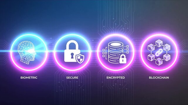 Minimalistic high-detail icon set: biometric face scan, secure padlock, encrypted database, blockchain link, on a dark gradient tech background.