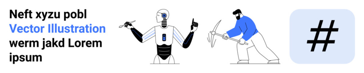 Obraz premium Humanoid robot interacting with tools and human worker holding pickaxe. Ideal for technology, robotics, innovation, teamwork, human-robot partnership, tech advancements, simple landing page