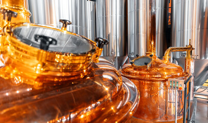 Modern brewery factory with copper fermentation tanks and stainless steel , food drink equipment