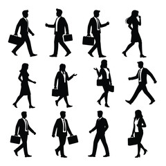 Obraz premium Silhouettes of business professionals walking with briefcases in various poses and directions