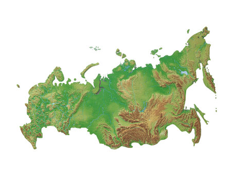 Topographic relief map of russia with vivid green lowlands and brown highlands