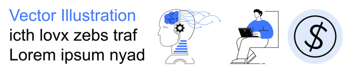 Obraz premium Artificial intelligence, technology, financial services, online work, data analysis, innovation. A brain with circuits, a working person and a coin symbol. Artificial intelligence and technology