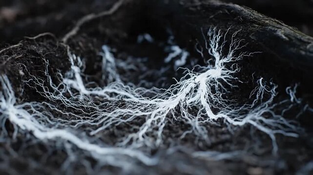 Glowing fungal hyphae in dark soil