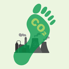 Human footprint with co2 message on it over the silhouette of an industrial plant 