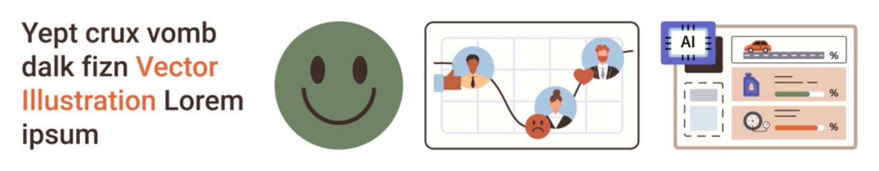 Fototapeta premium Social media, AI technology, digital identity, user interaction, networking, online communication. A happy face, connected users graph and AI-powered digital identity visuals. Networking and digital