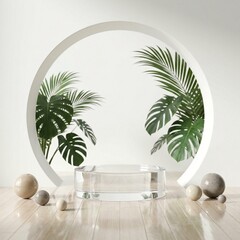 Minimalist Product Display with Tropical Leaves and Spheres.
