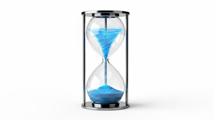 An hourglass with blue sand flows from top to bottom on a white background, symbolizing time passing, viewed from the front