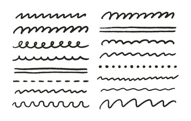 Fototapeta premium Hand drawn black crayon strokes, underlines, smears, strikethroughs, curls, wavy lines set. Pencil squiggles elements. Doodle style chalk sketches. Vector illustration