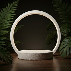 Minimalist Stone Pedestal with Glowing Ring and Lush Greenery for Product Display.