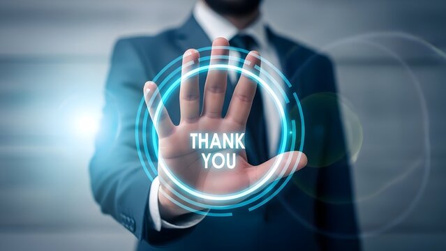 Businessman expressing gratitude with a futuristic interface - Powered by Adobe