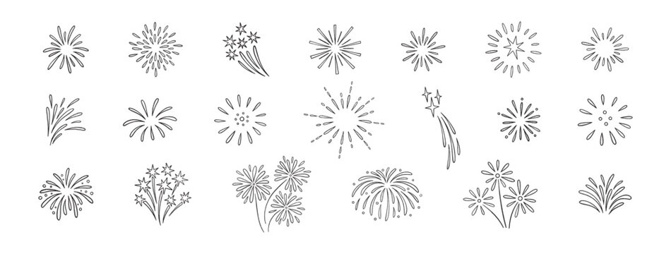 Firework doodles and festive hand drawn firecrackers set. Line art, sketch style celebration icons with stars, sparkles, explosive bursts. For birthday, carnival, holiday events. Vector illustration