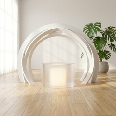 Modern Minimalist Interior with Abstract Archway and Glowing Pedestal.