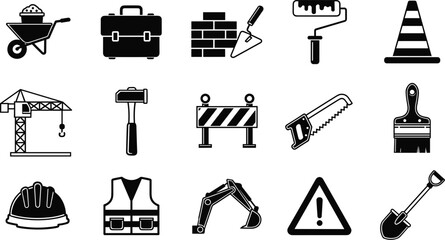 Construction and building tools solid icons set with safety equipment and heavy machinery symbols © Garun Creative