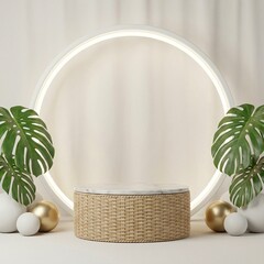 Tropical Product Display with Rattan Pedestal and Neon Ring.