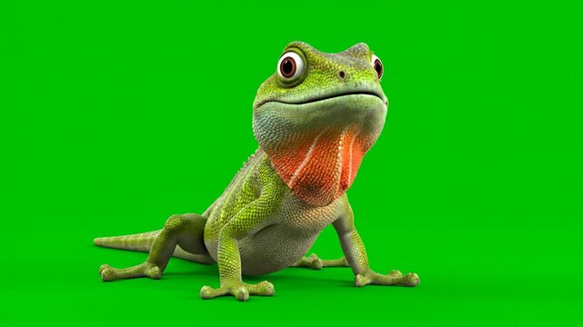 Close-up of a green lizard with a vibrant orange throat pouch on a greenscreen background, perfect for video editing and vfx